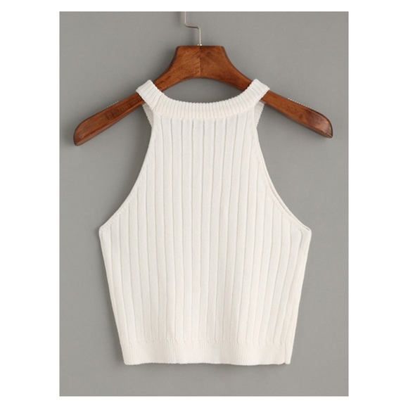 White Halter Ribbed Knitted Crop Top - Picture 3 of 7
